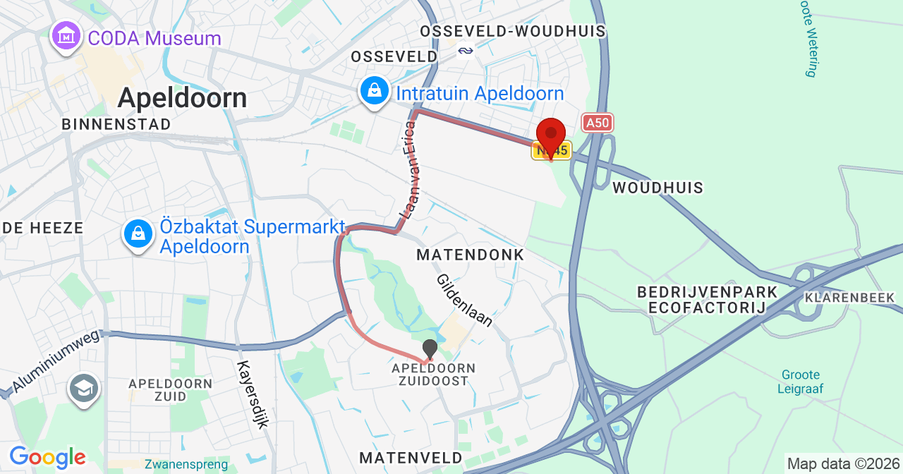 Kaart van het incident in Apeldoorn met berekende routes vanaf gealarmeerde posten