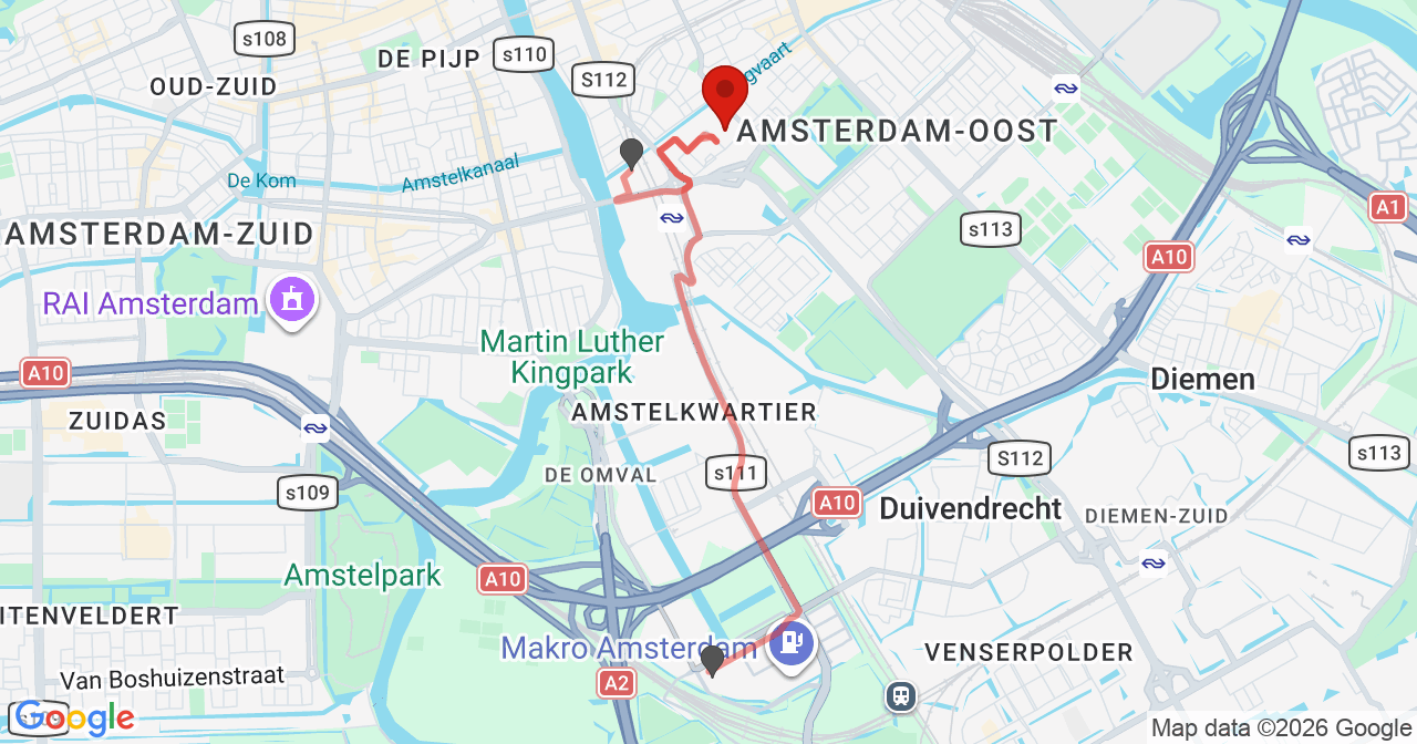 Kaart van het incident in Amsterdam met berekende routes vanaf gealarmeerde posten