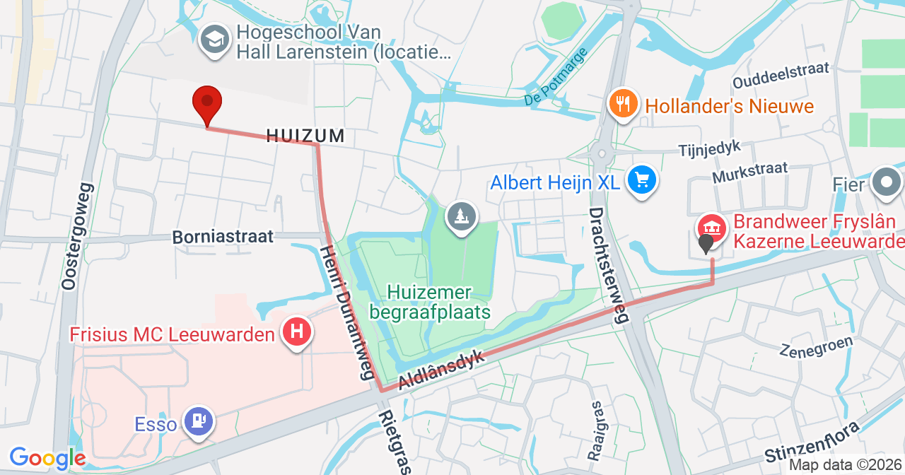Kaart van het incident in Leeuwarden met berekende routes vanaf gealarmeerde posten