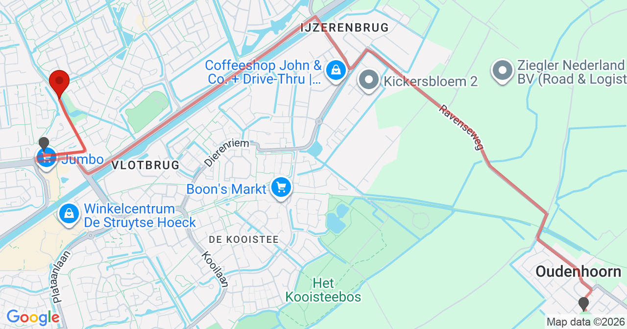 Kaart van het incident in Hellevoetsluis met berekende routes vanaf gealarmeerde posten