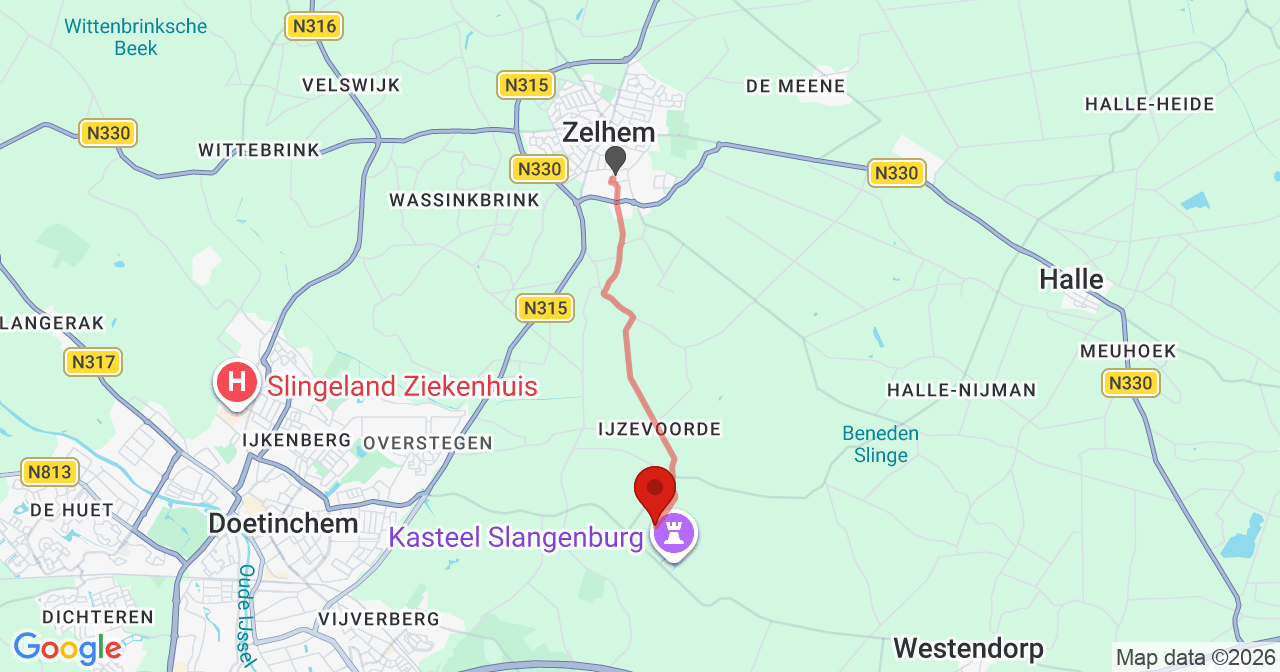 Kaart van het incident in Doetinchem met berekende routes vanaf gealarmeerde posten