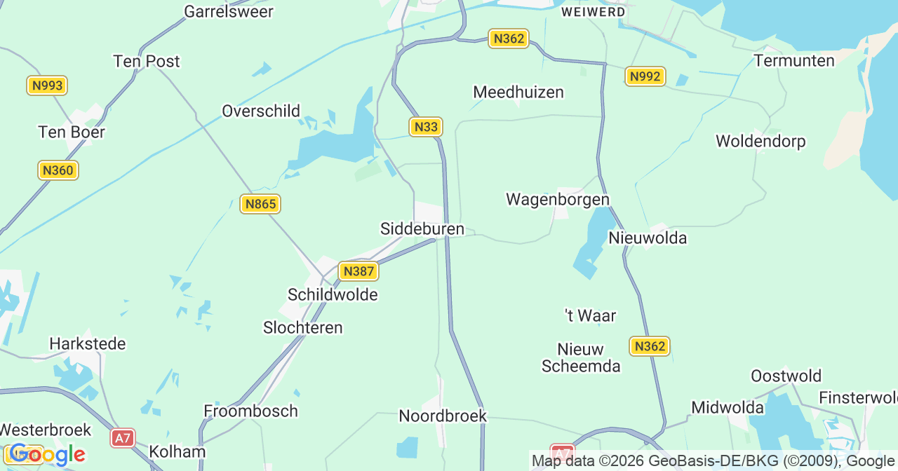 Kaart van het incident in Siddeburen met berekende routes vanaf gealarmeerde posten