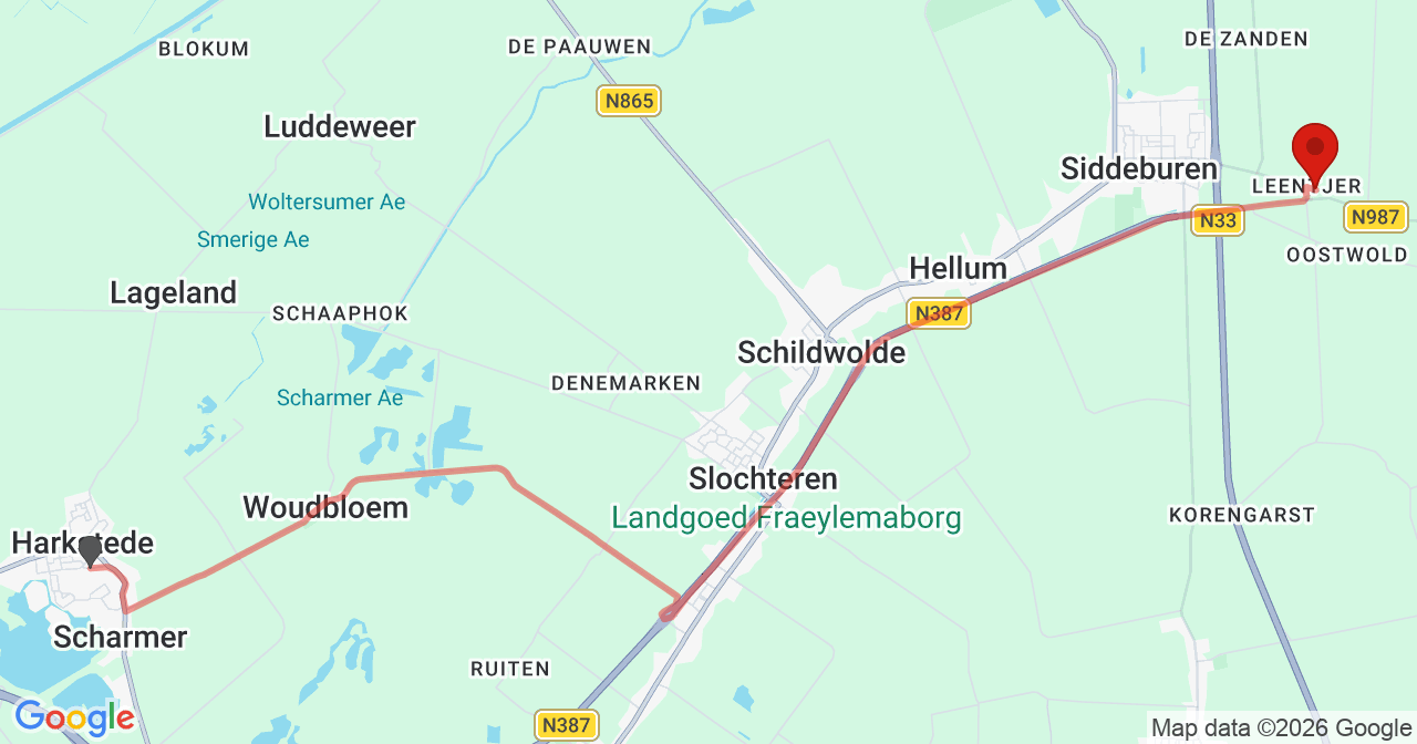 Kaart van het incident in Siddeburen met berekende routes vanaf gealarmeerde posten