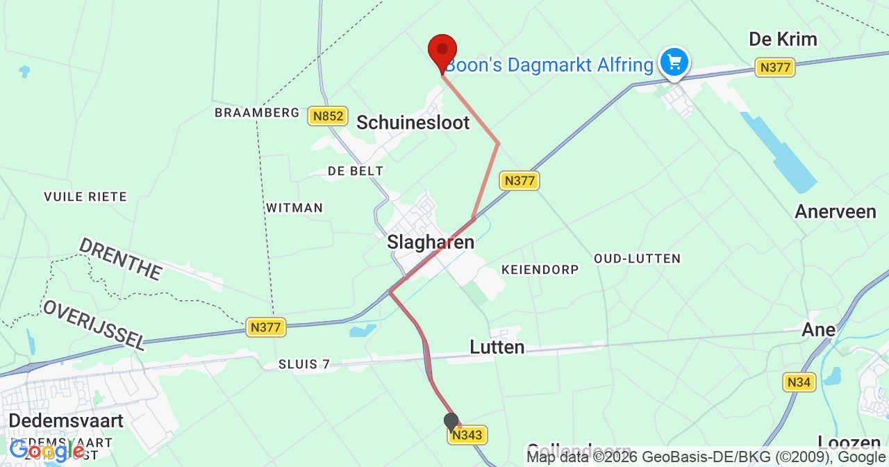 Kaart van het incident in Schuinesloot met de aanrijroutes van de gealarmeerde eenheden