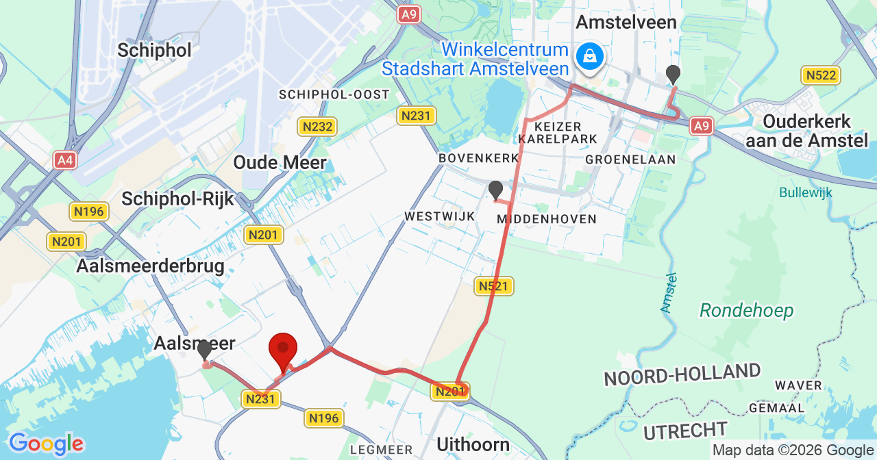 Kaart van het incident in Aalsmeer met berekende routes vanaf gealarmeerde posten