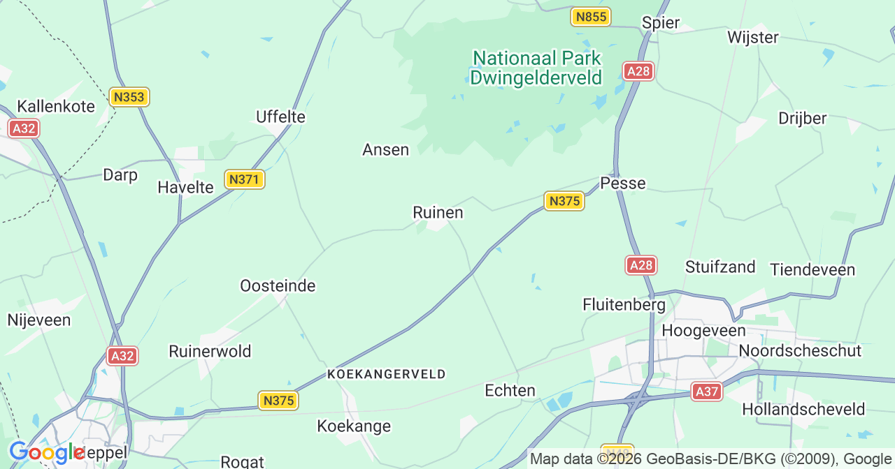 Kaart van het incident in Ruinen met berekende routes vanaf gealarmeerde posten