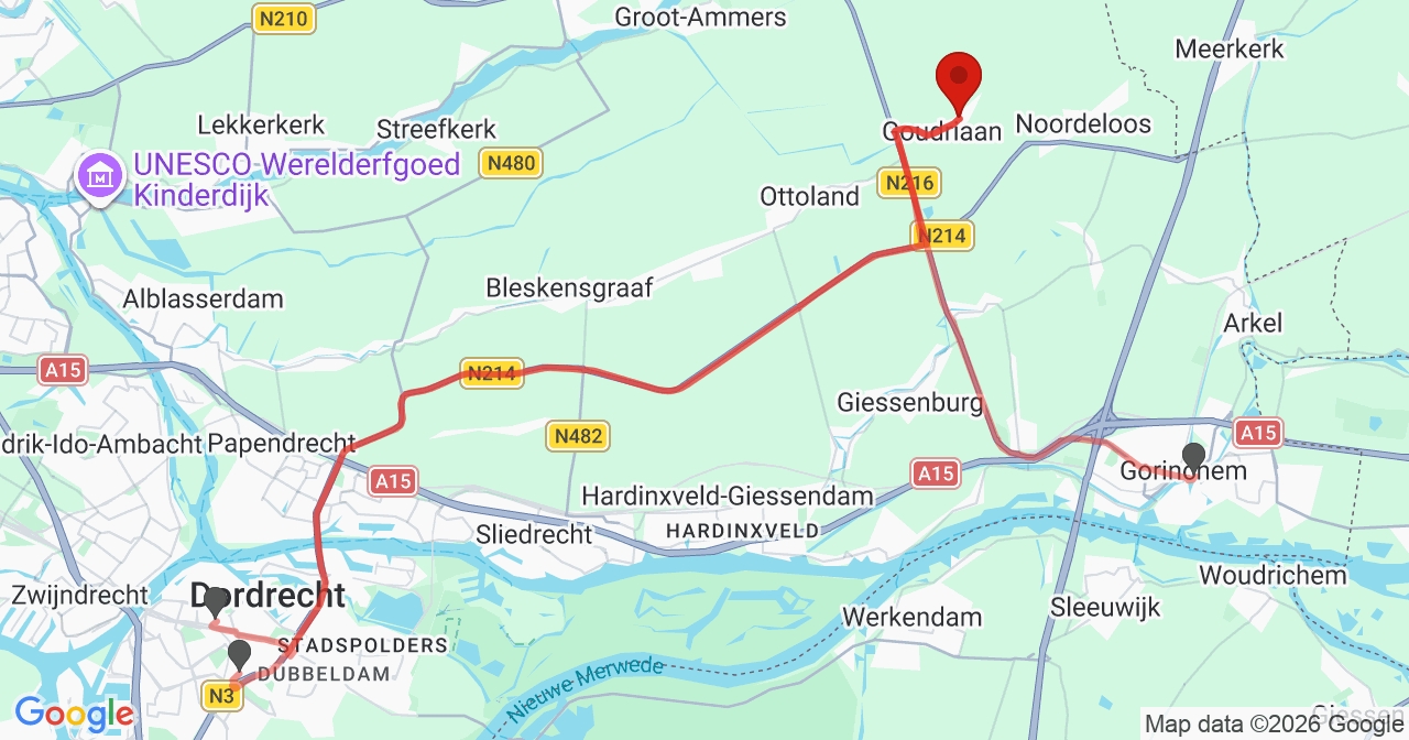 Kaart van het incident in Goudriaan met de aanrijroutes van de gealarmeerde eenheden