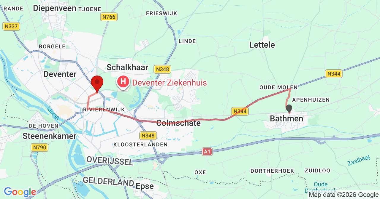 Kaart van het incident in Deventer met berekende routes vanaf gealarmeerde posten