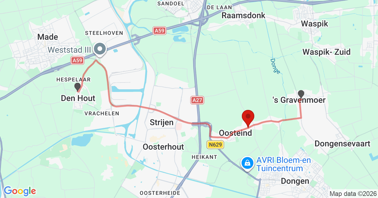 Kaart van het incident in Oosteind met berekende routes vanaf gealarmeerde posten