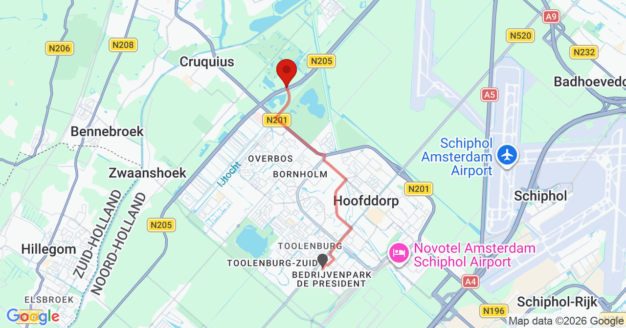 Kaart van het incident in Cruquius met berekende routes vanaf gealarmeerde posten
