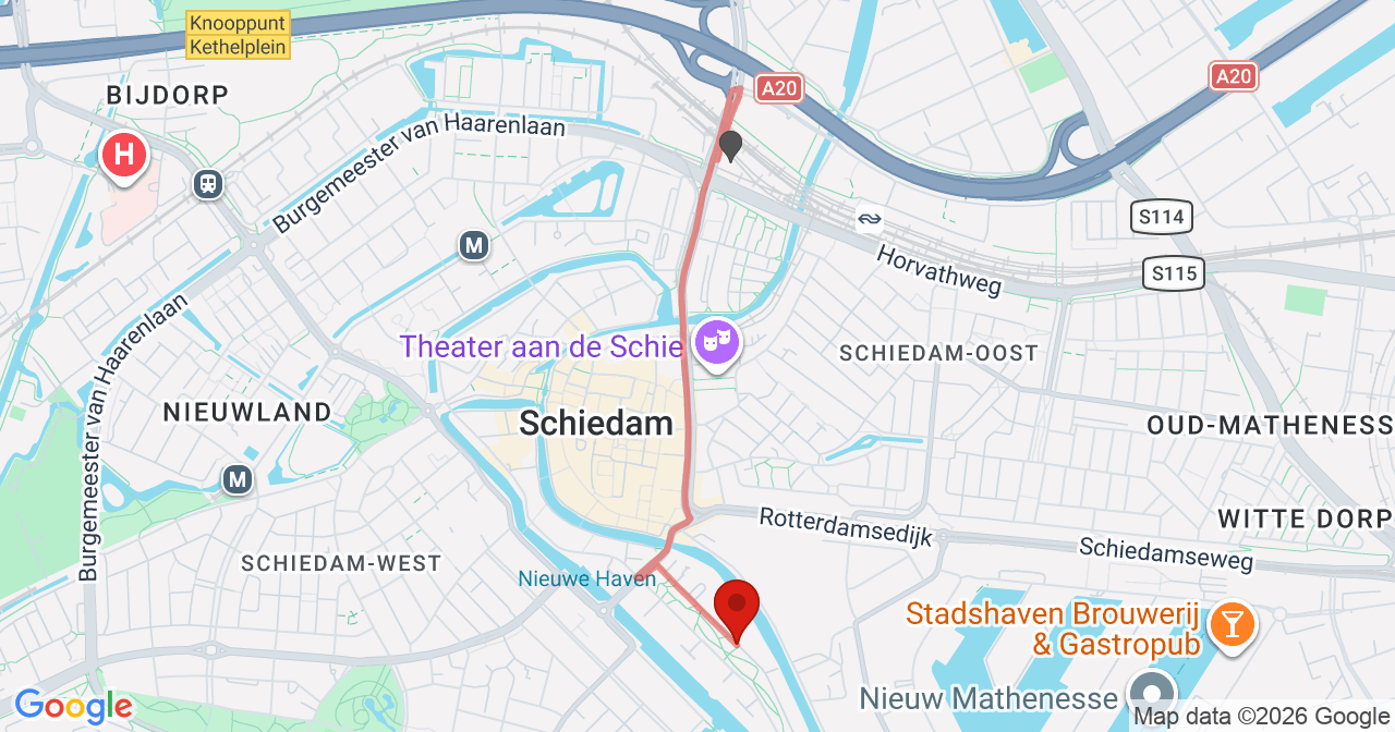 Kaart van het incident in Schiedam met berekende routes vanaf gealarmeerde posten