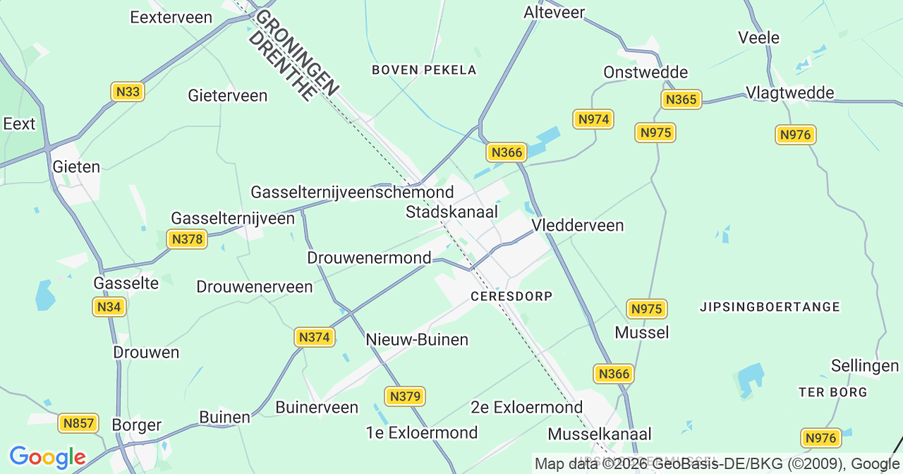 Kaart van het incident in Stadskanaal met berekende routes vanaf gealarmeerde posten