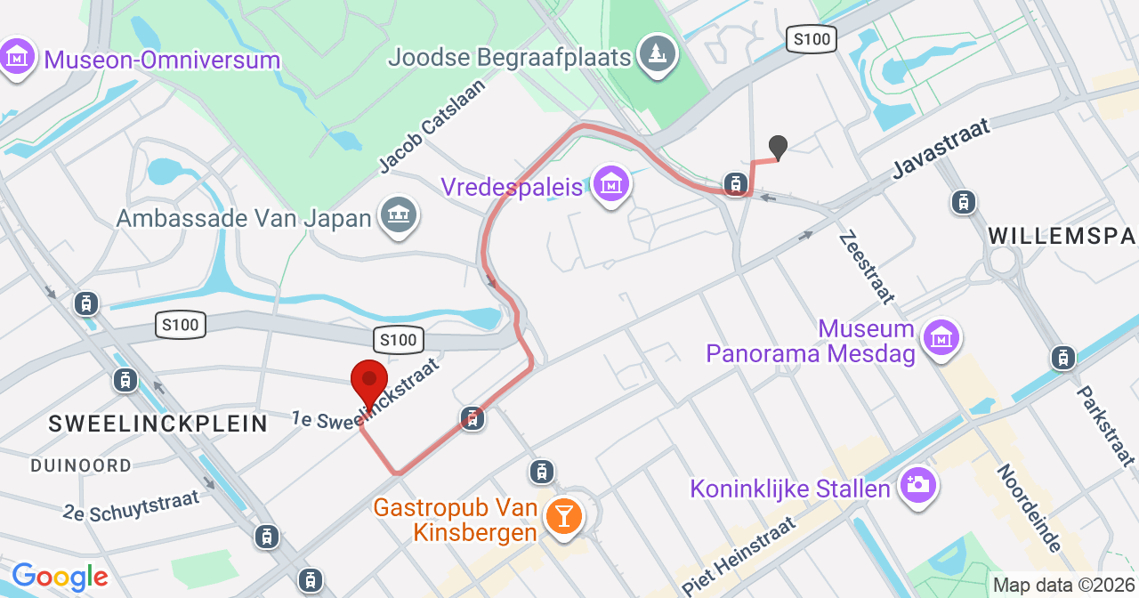 Kaart van het incident in 's-Gravenhage met berekende routes vanaf gealarmeerde posten