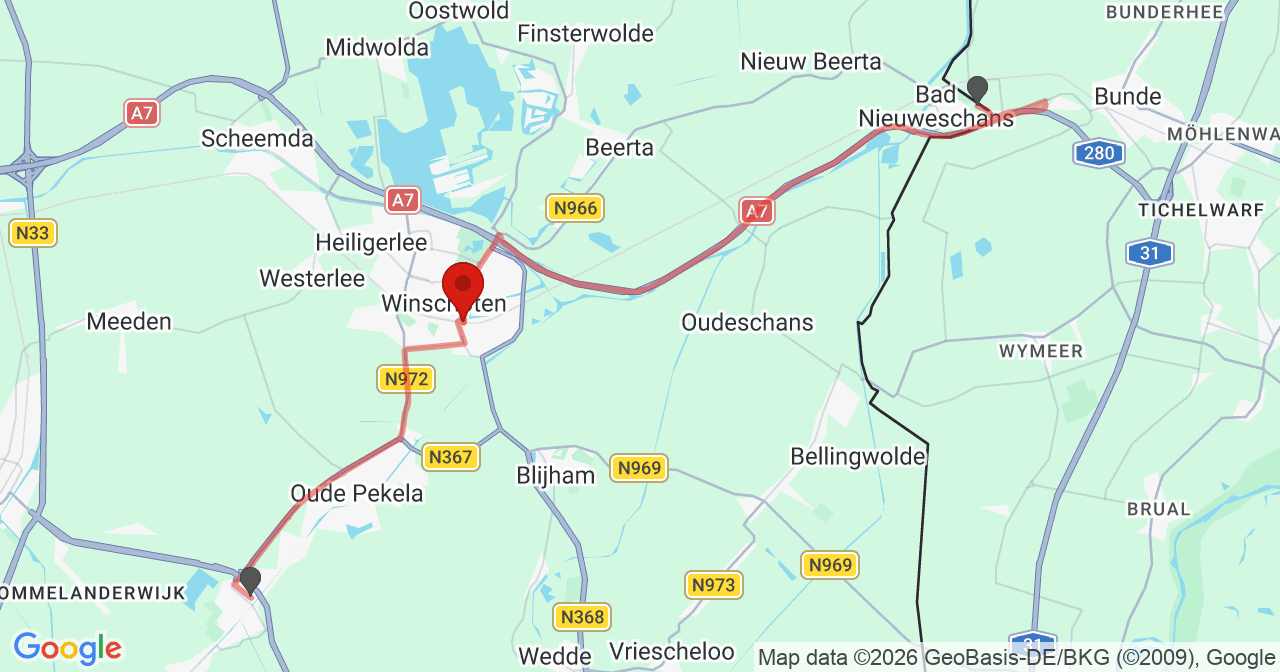 Kaart van het incident in Winschoten met berekende routes vanaf gealarmeerde posten