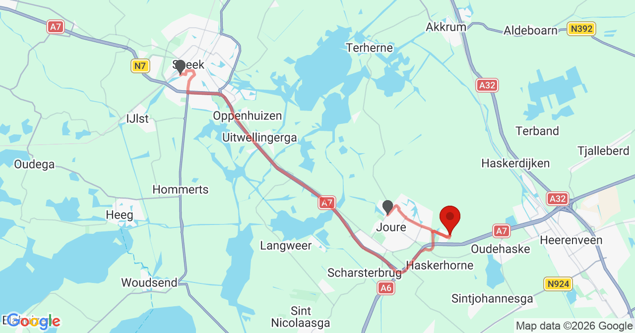 Kaart van het incident in Joure met berekende routes vanaf gealarmeerde posten