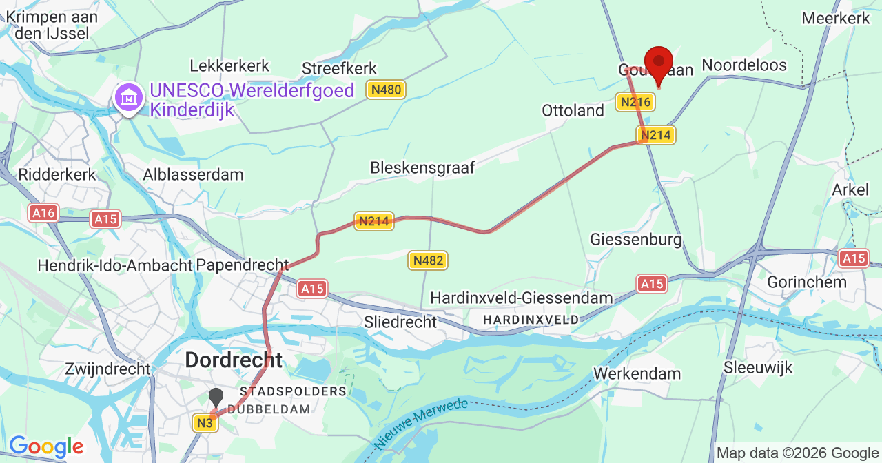Kaart van het incident in Goudriaan met de aanrijroutes van de gealarmeerde eenheden