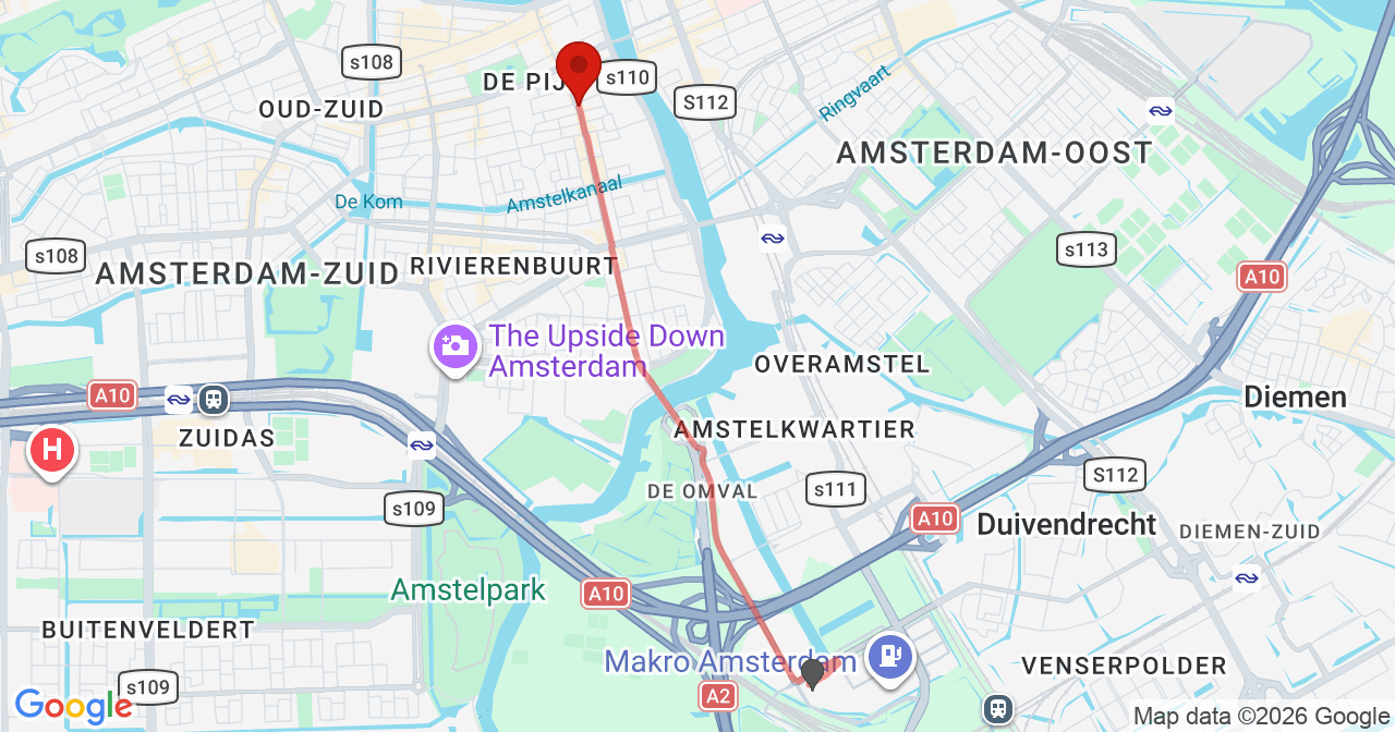 Kaart van het incident in Amsterdam met berekende routes vanaf gealarmeerde posten