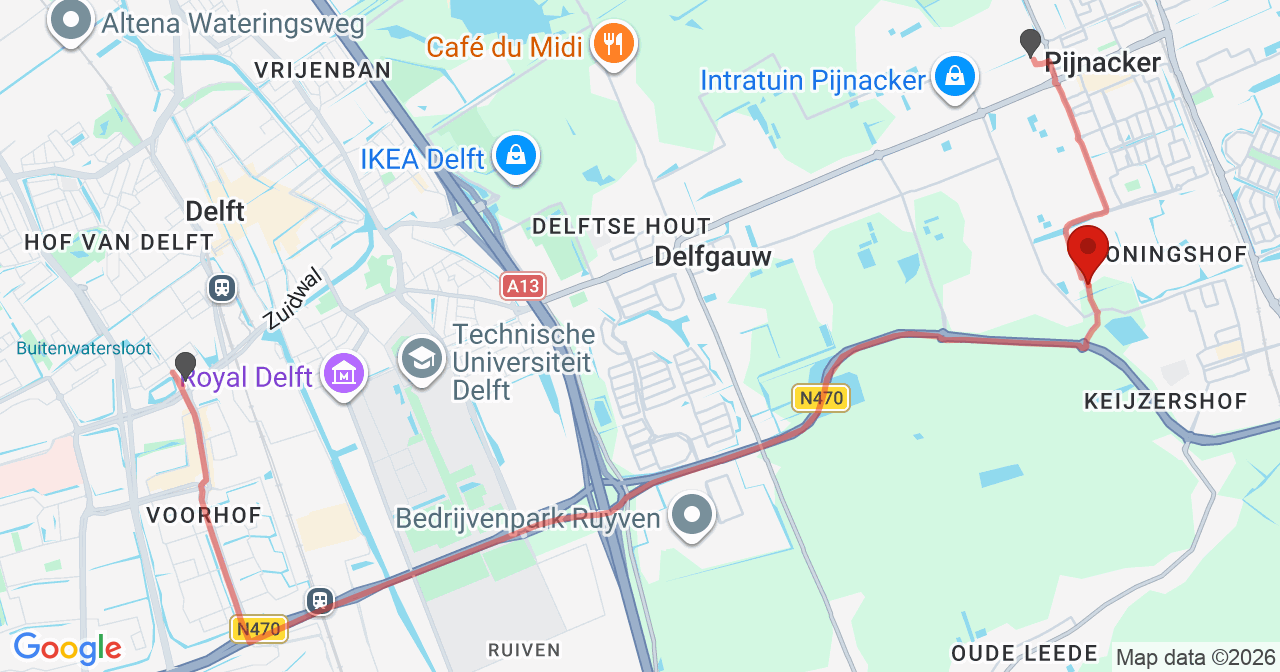 Kaart van het incident in Pijnacker met de aanrijroutes van de gealarmeerde eenheden