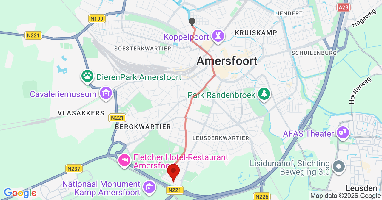 Kaart van het incident in Amersfoort met berekende routes vanaf gealarmeerde posten