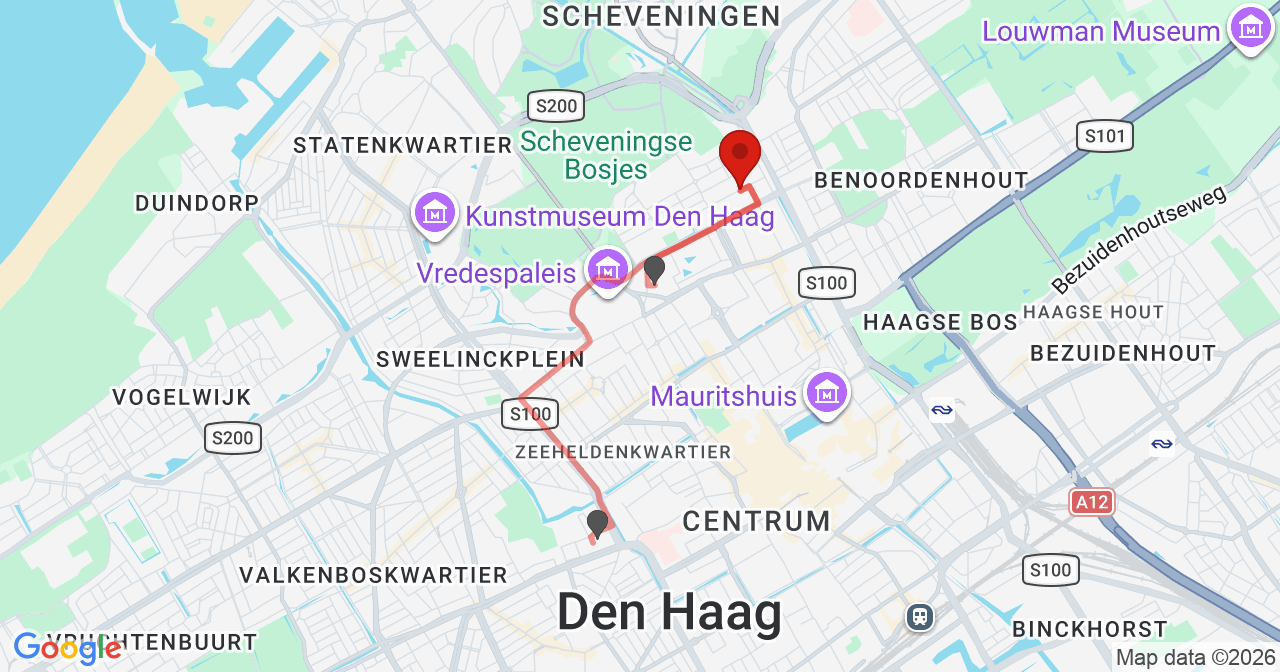 Kaart van het incident in 's-Gravenhage met berekende routes vanaf gealarmeerde posten