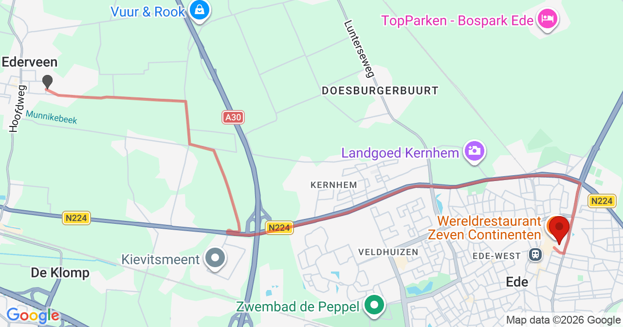 Kaart van het incident in Ede met berekende routes vanaf gealarmeerde posten