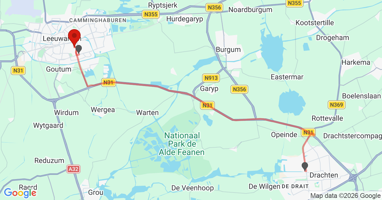 Kaart van het incident in Leeuwarden met berekende routes vanaf gealarmeerde posten