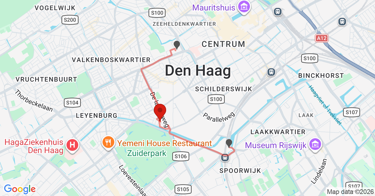 Kaart van het incident in 's-Gravenhage met de aanrijroutes van de gealarmeerde eenheden
