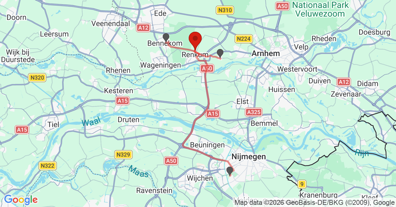 Kaart van het incident in Renkum met berekende routes vanaf gealarmeerde posten
