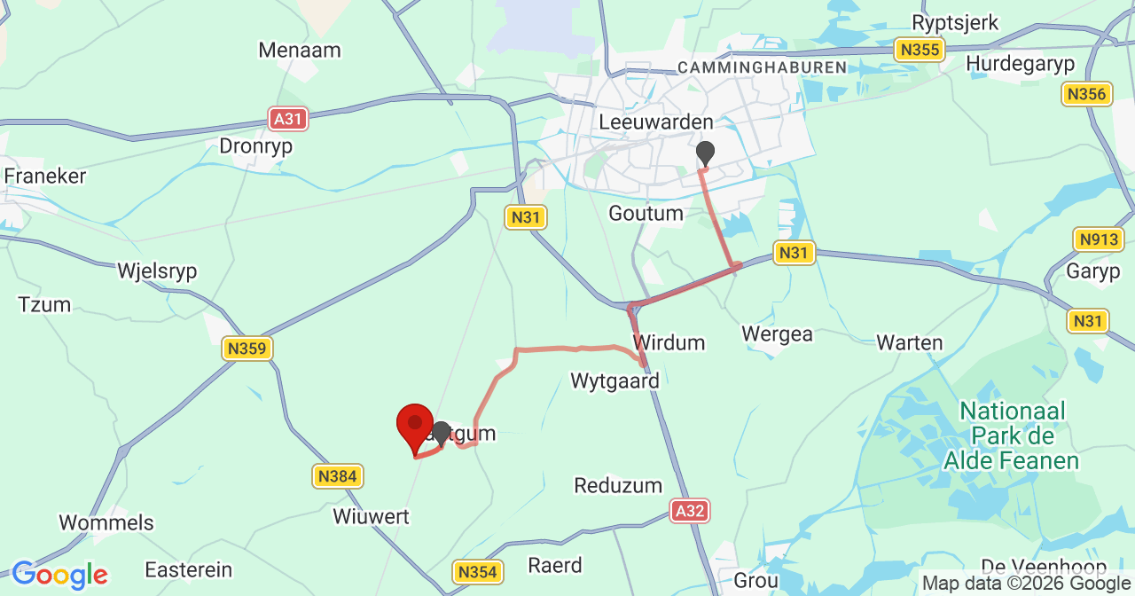 Kaart van het incident in Mantgum met berekende routes vanaf gealarmeerde posten