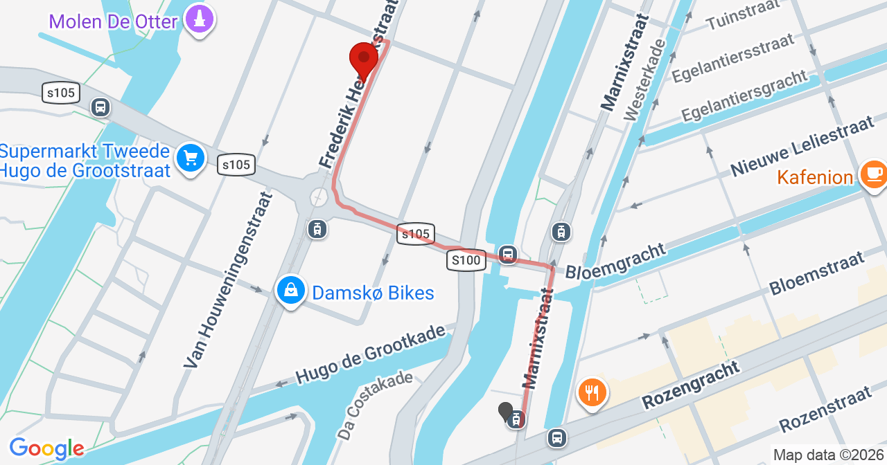 Kaart van het incident in Amsterdam met berekende routes vanaf gealarmeerde posten