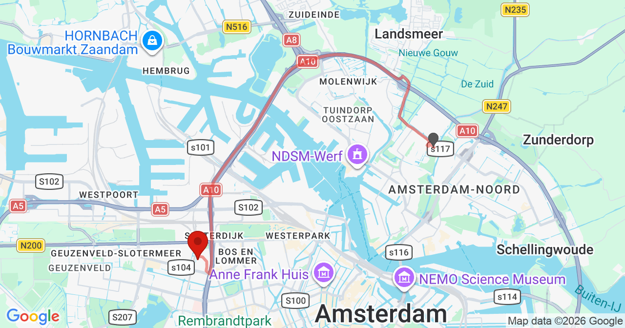 Kaart van het incident in Amsterdam met berekende routes vanaf gealarmeerde posten