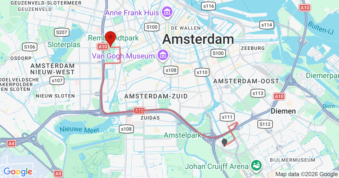 Kaart van het incident in Amsterdam met berekende routes vanaf gealarmeerde posten