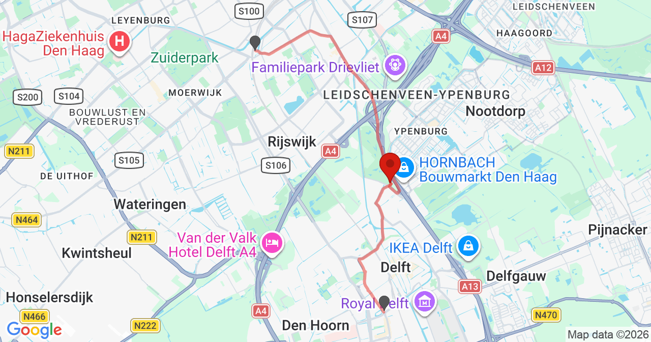 Kaart van het incident in Rijswijk ZH met de aanrijroutes van de gealarmeerde eenheden