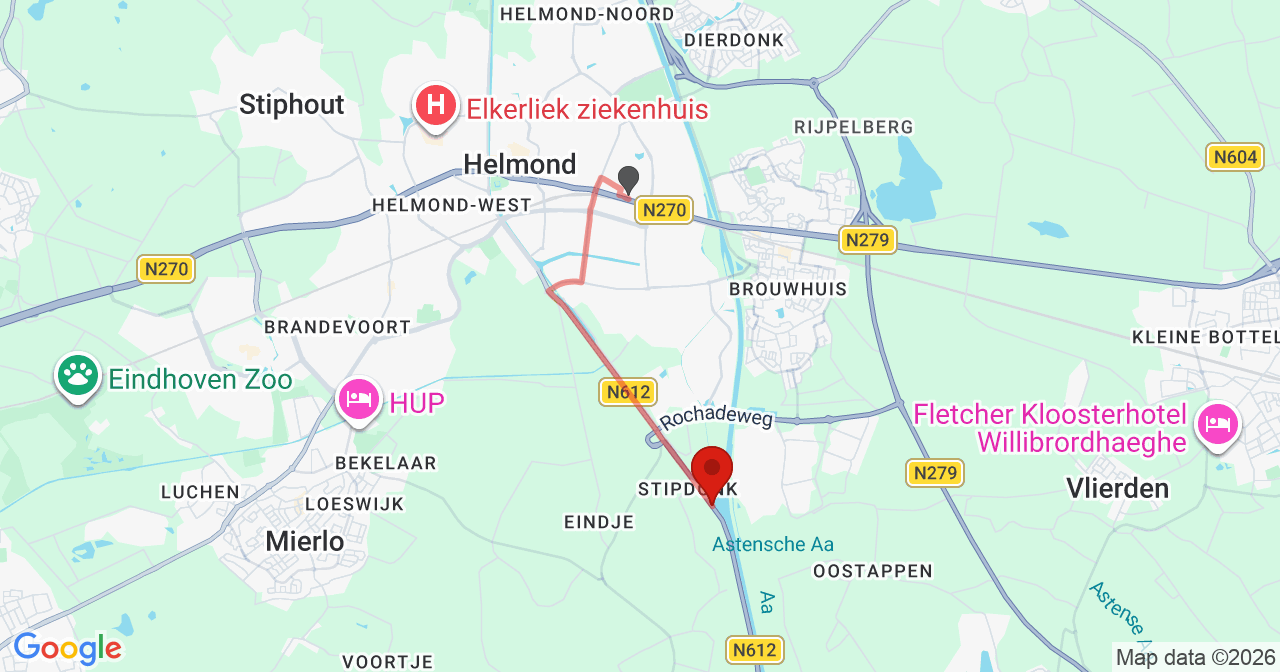 Kaart van het incident in Lierop met berekende routes vanaf gealarmeerde posten