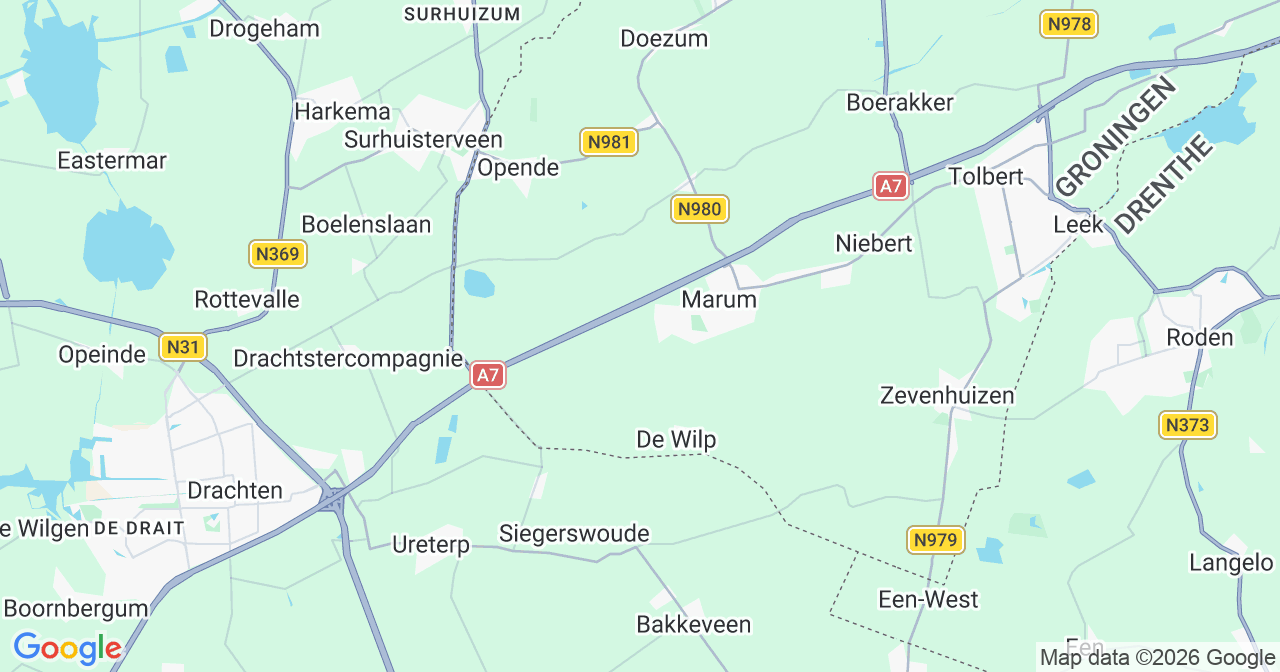 Kaart van het incident in Marum met berekende routes vanaf gealarmeerde posten
