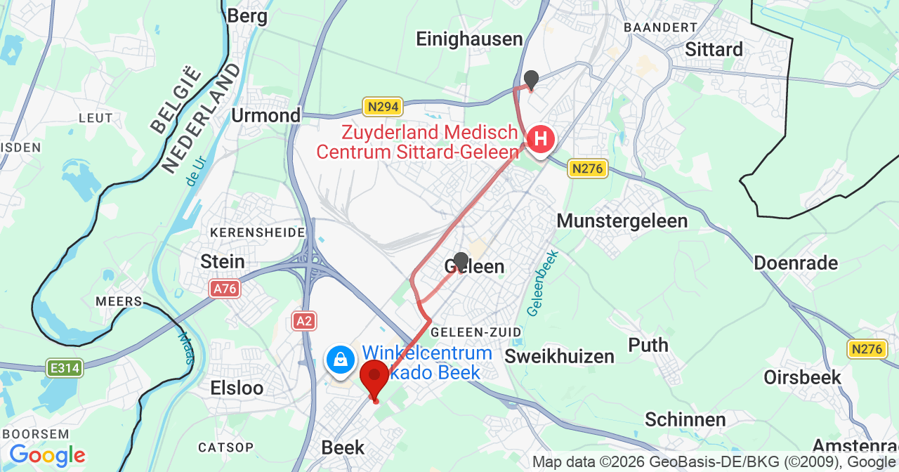 Kaart van het incident in Beek met berekende routes vanaf gealarmeerde posten