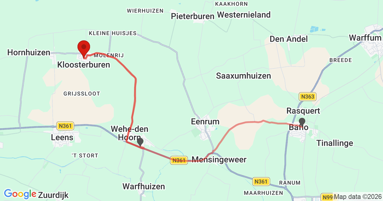 Kaart van het incident in Kloosterburen met berekende routes vanaf gealarmeerde posten