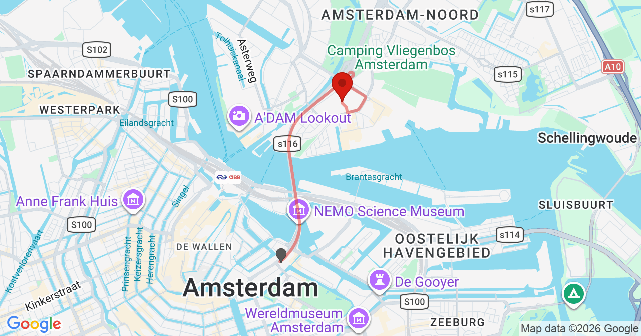 Kaart van het incident in Amsterdam met berekende routes vanaf gealarmeerde posten