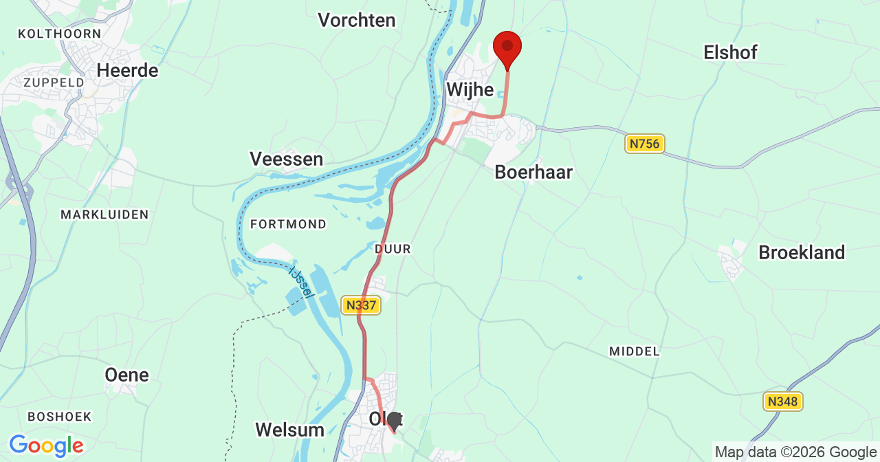 Kaart van het incident in Wijhe met berekende routes vanaf gealarmeerde posten