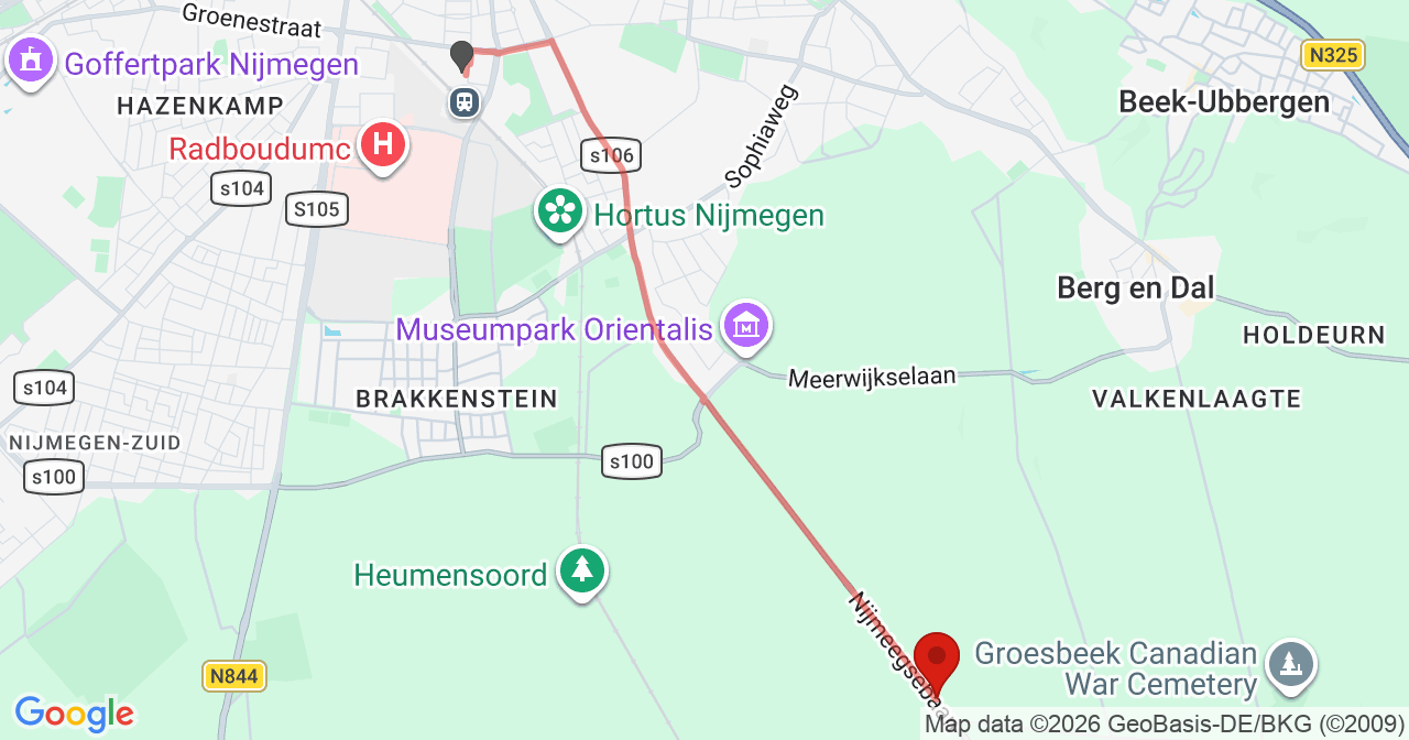 Kaart van het incident in Groesbeek met de aanrijroutes van de gealarmeerde eenheden