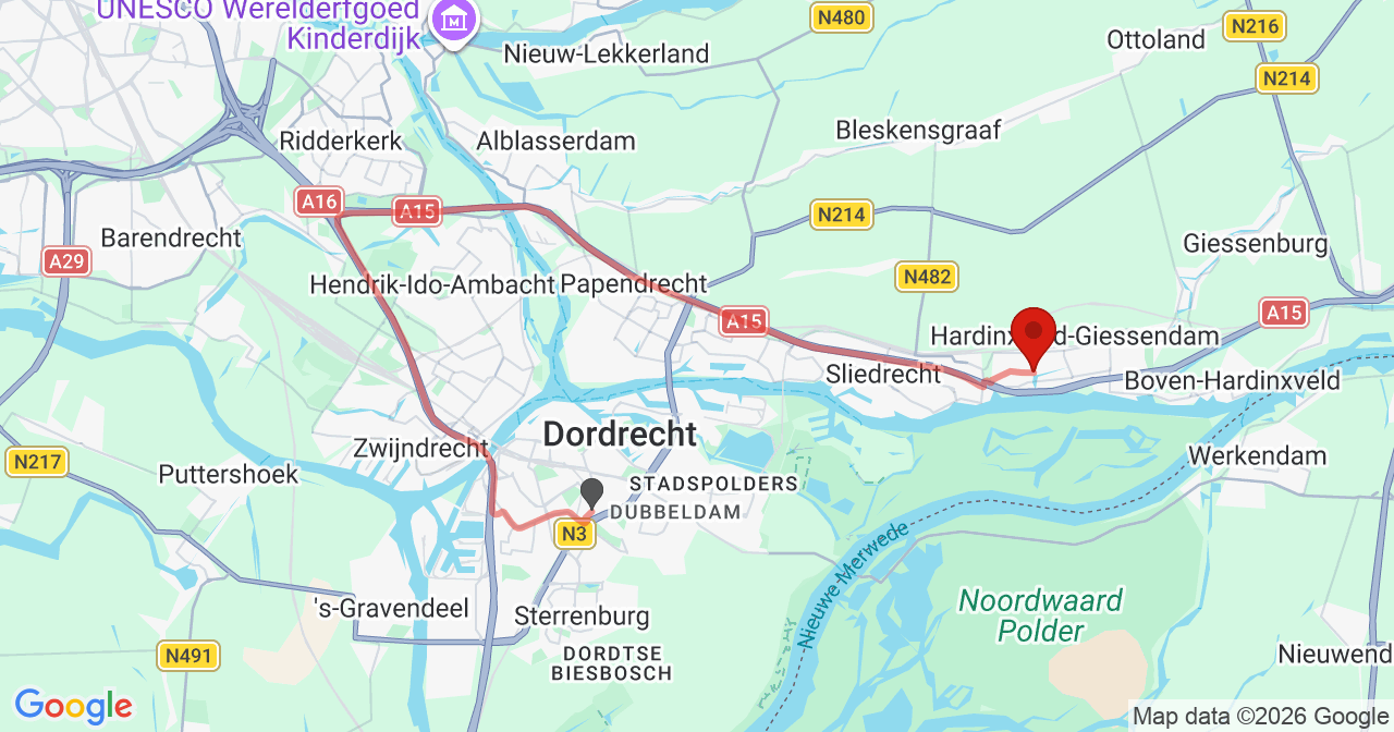 Kaart van het incident in Hardinxveld-Giessendam met berekende routes vanaf gealarmeerde posten