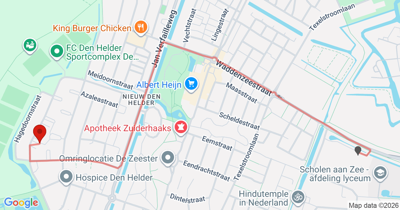 Kaart van het incident in Den Helder met berekende routes vanaf gealarmeerde posten