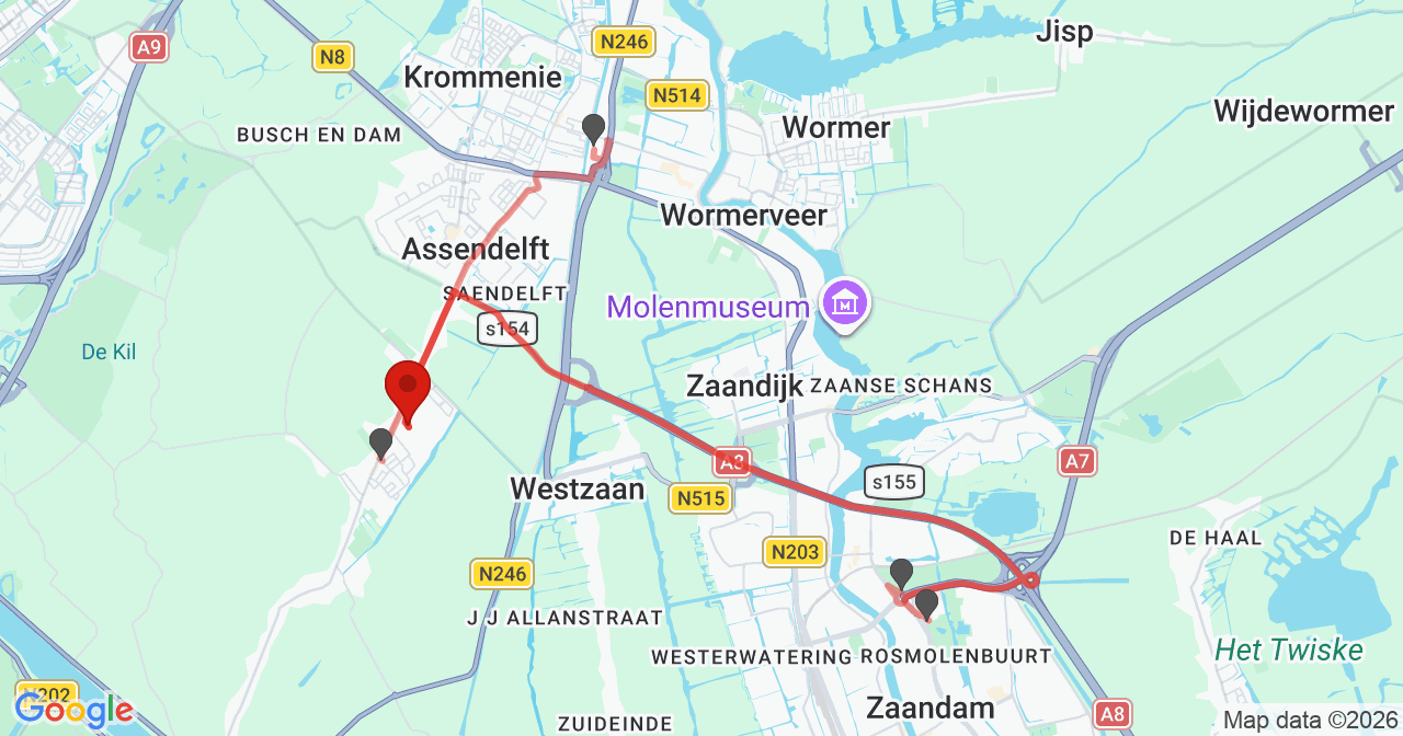 Kaart van het incident in Assendelft met berekende routes vanaf gealarmeerde posten