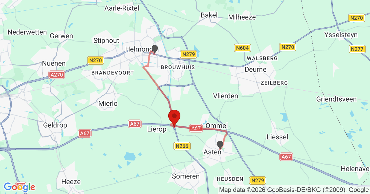 Kaart van het incident in Lierop met berekende routes vanaf gealarmeerde posten