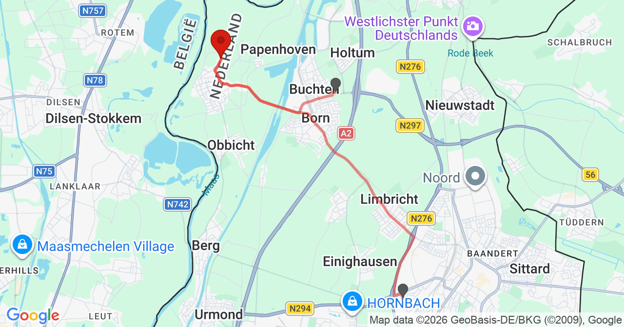 Kaart van het incident in Grevenbicht met de aanrijroutes van de gealarmeerde eenheden