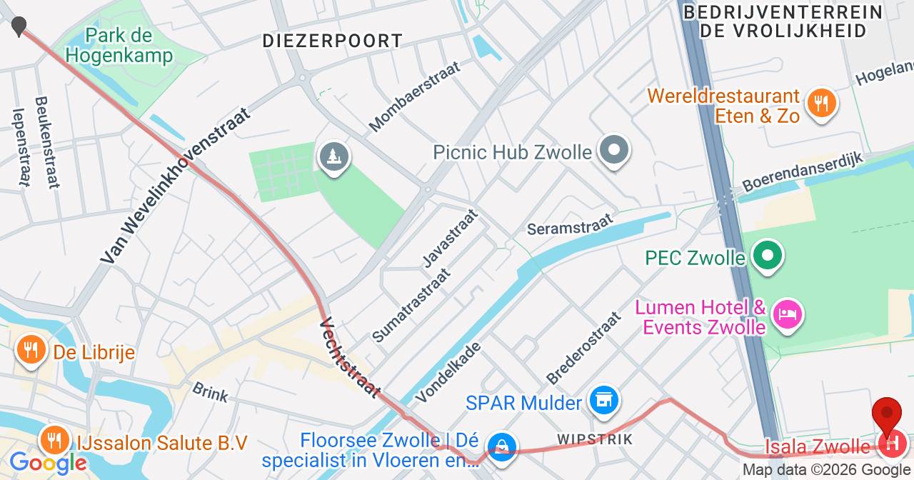 Kaart van het incident in Zwolle met berekende routes vanaf gealarmeerde posten
