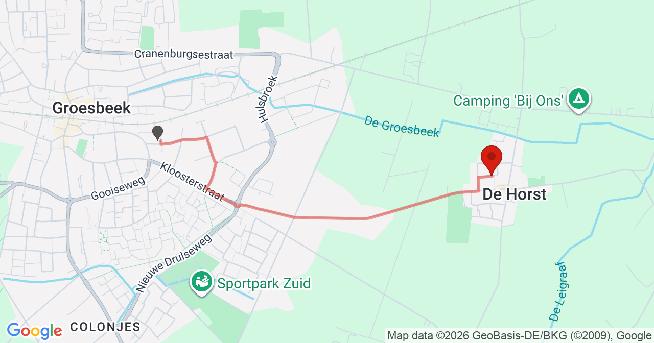 Kaart van het incident in Groesbeek met de aanrijroutes van de gealarmeerde eenheden