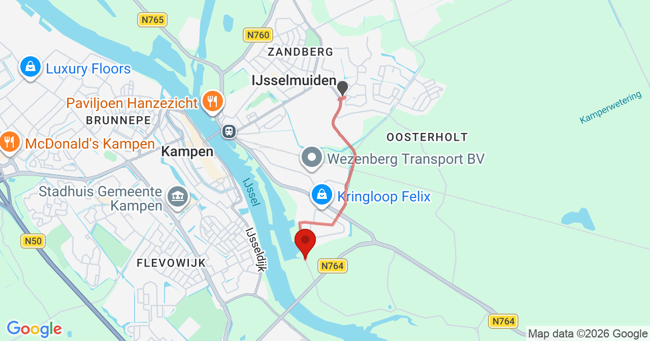 Kaart van het incident in Kampen met berekende routes vanaf gealarmeerde posten