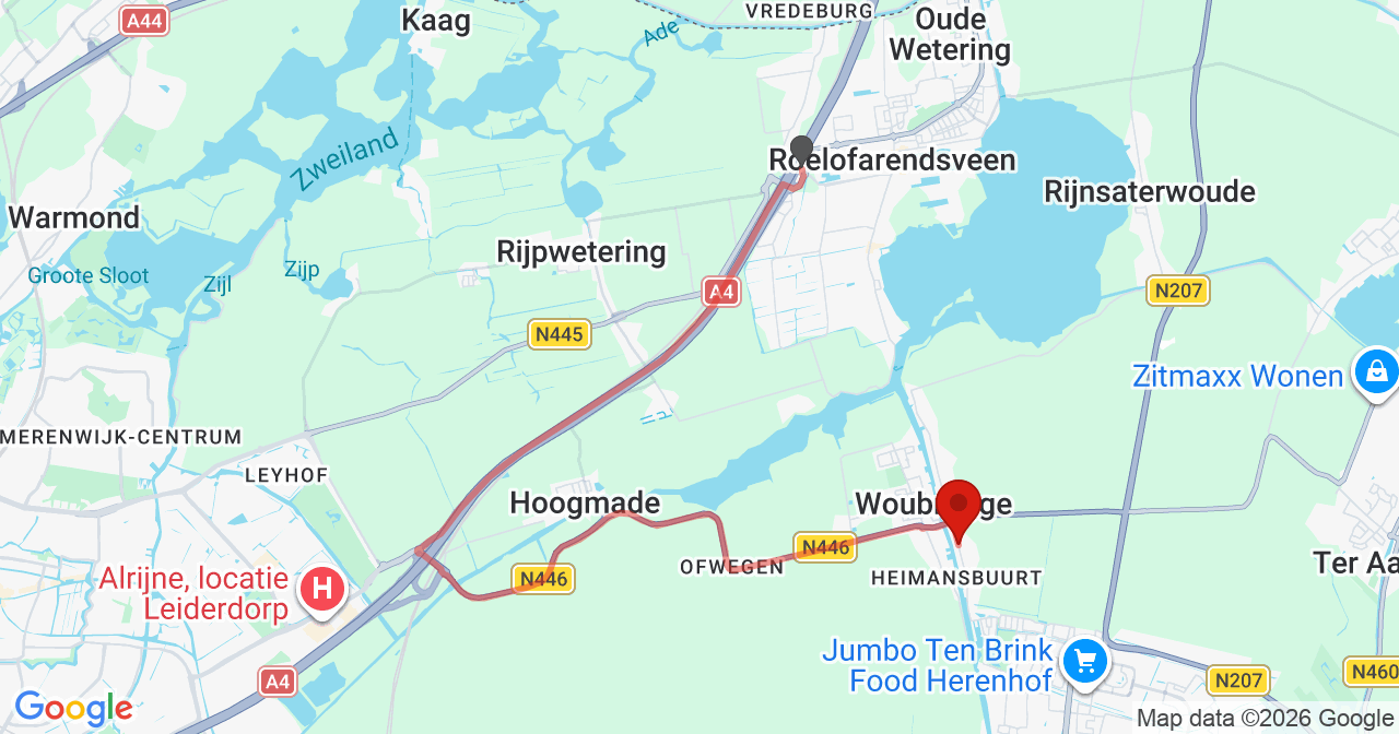 Kaart van het incident in Woubrugge met de aanrijroutes van de gealarmeerde eenheden
