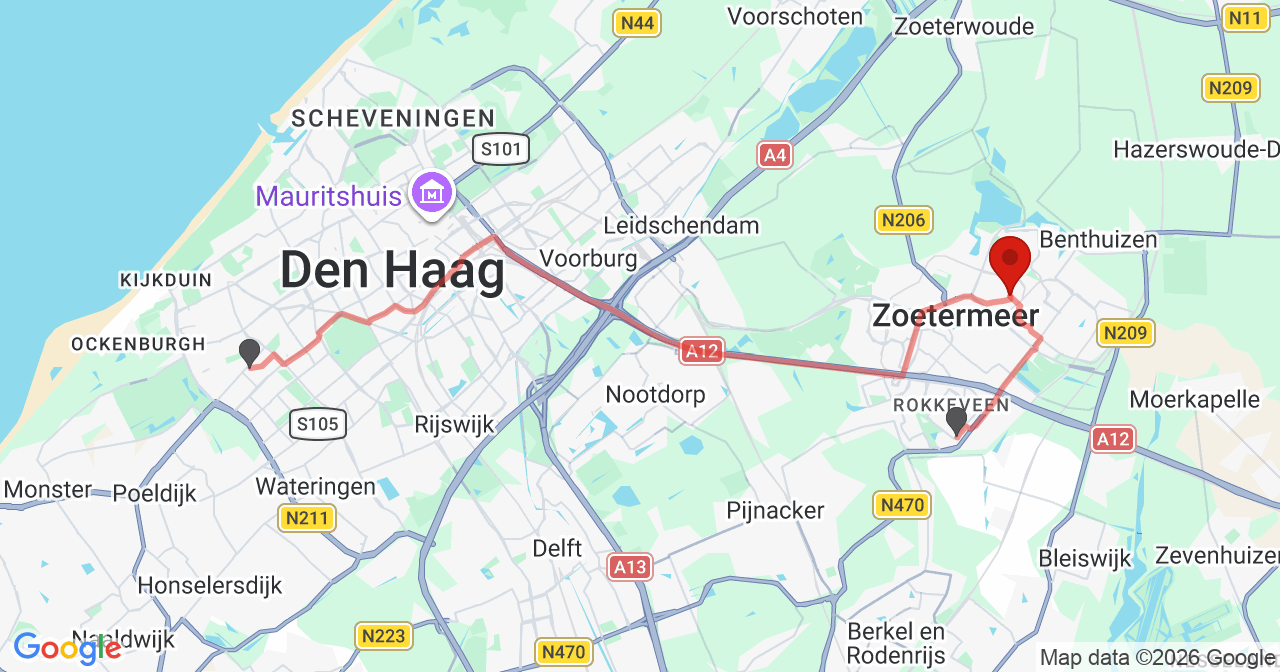 Kaart van het incident in Zoetermeer met berekende routes vanaf gealarmeerde posten